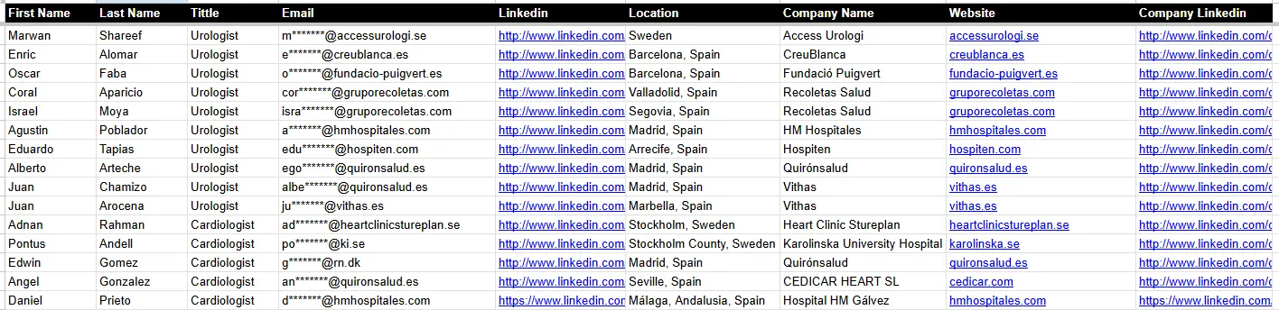 Example healthcare email list spreadsheet with verified healthcare professional and organization contact data