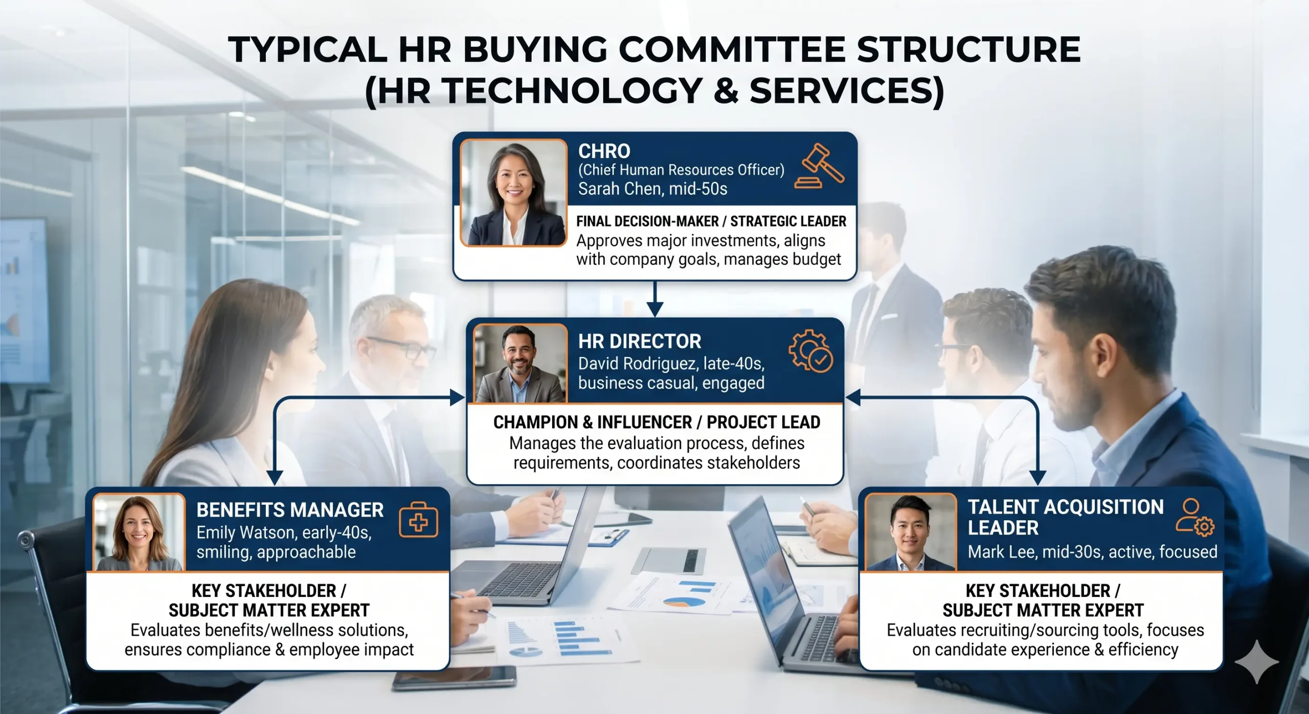 HR buying committee diagram showing CHROs, HR directors, VP Human Resources, and key HR decision-makers