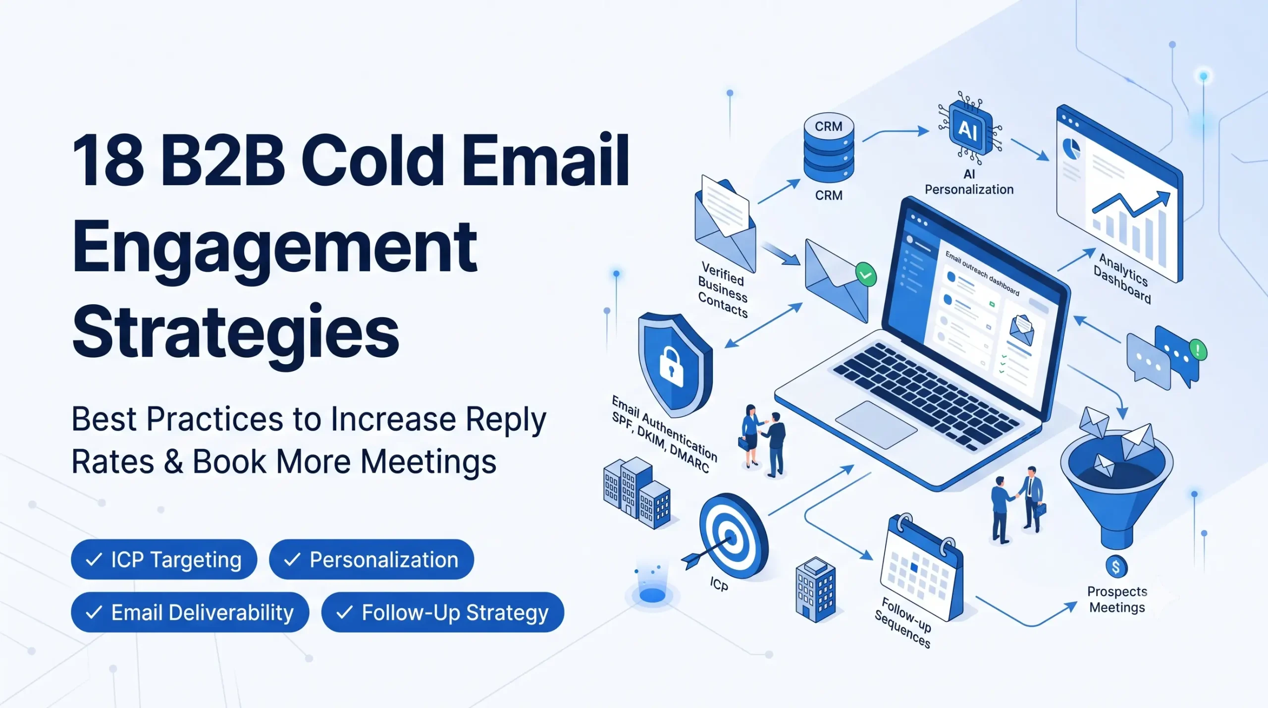 B2B Cold Email Engagement Strategies infographic showing ICP targeting, personalization, email deliverability, and follow-up workflow.